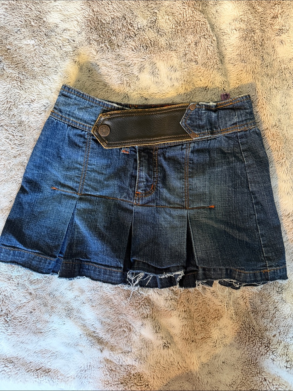 Dollhouse Blue Denim Pleated Mini Skirt with Black Leather Waist Accent
